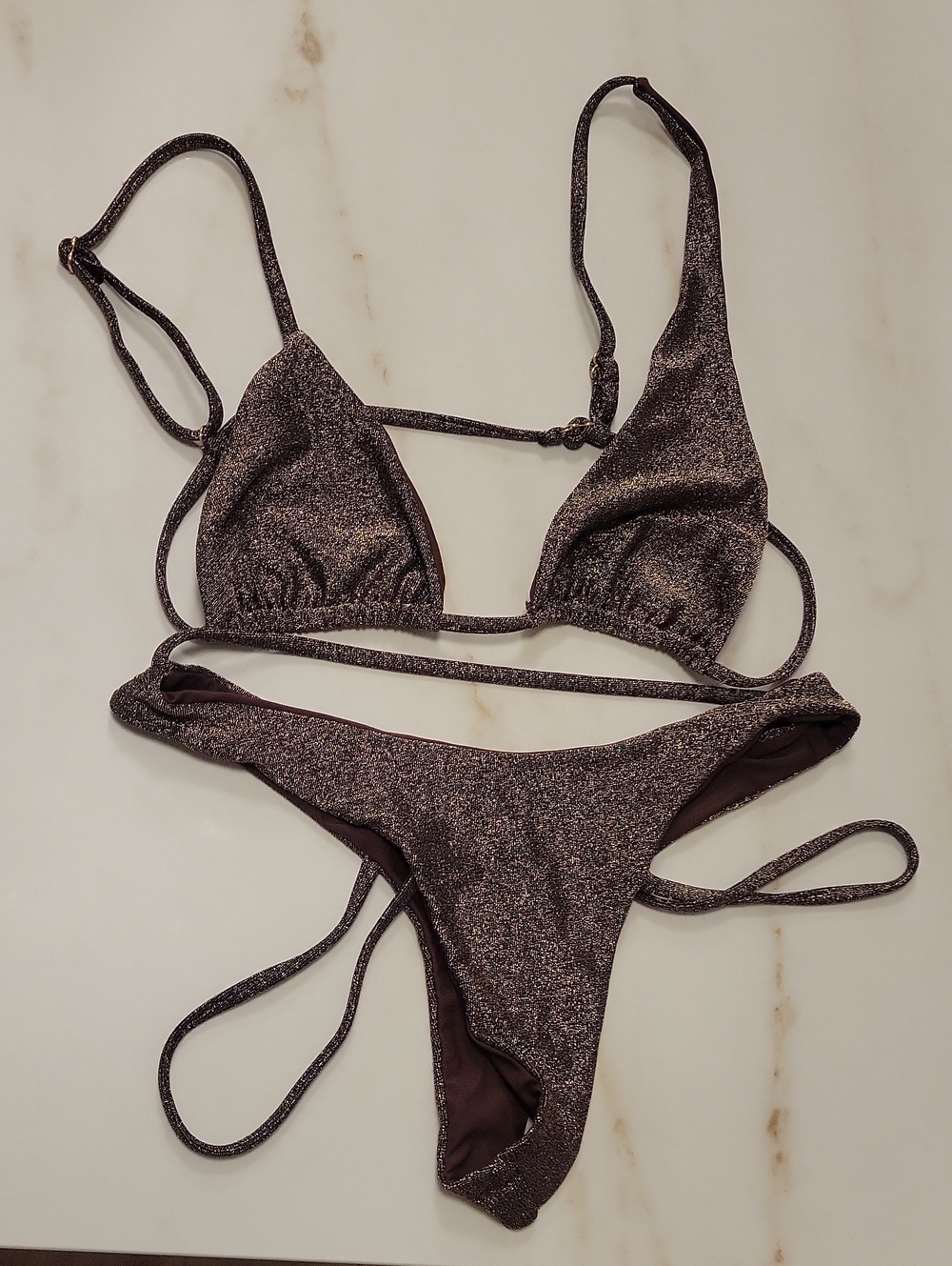 Sandy Bottom Swim Shimmery Glittery Dark Brown Two-Piece Bikini Asymmetrical L